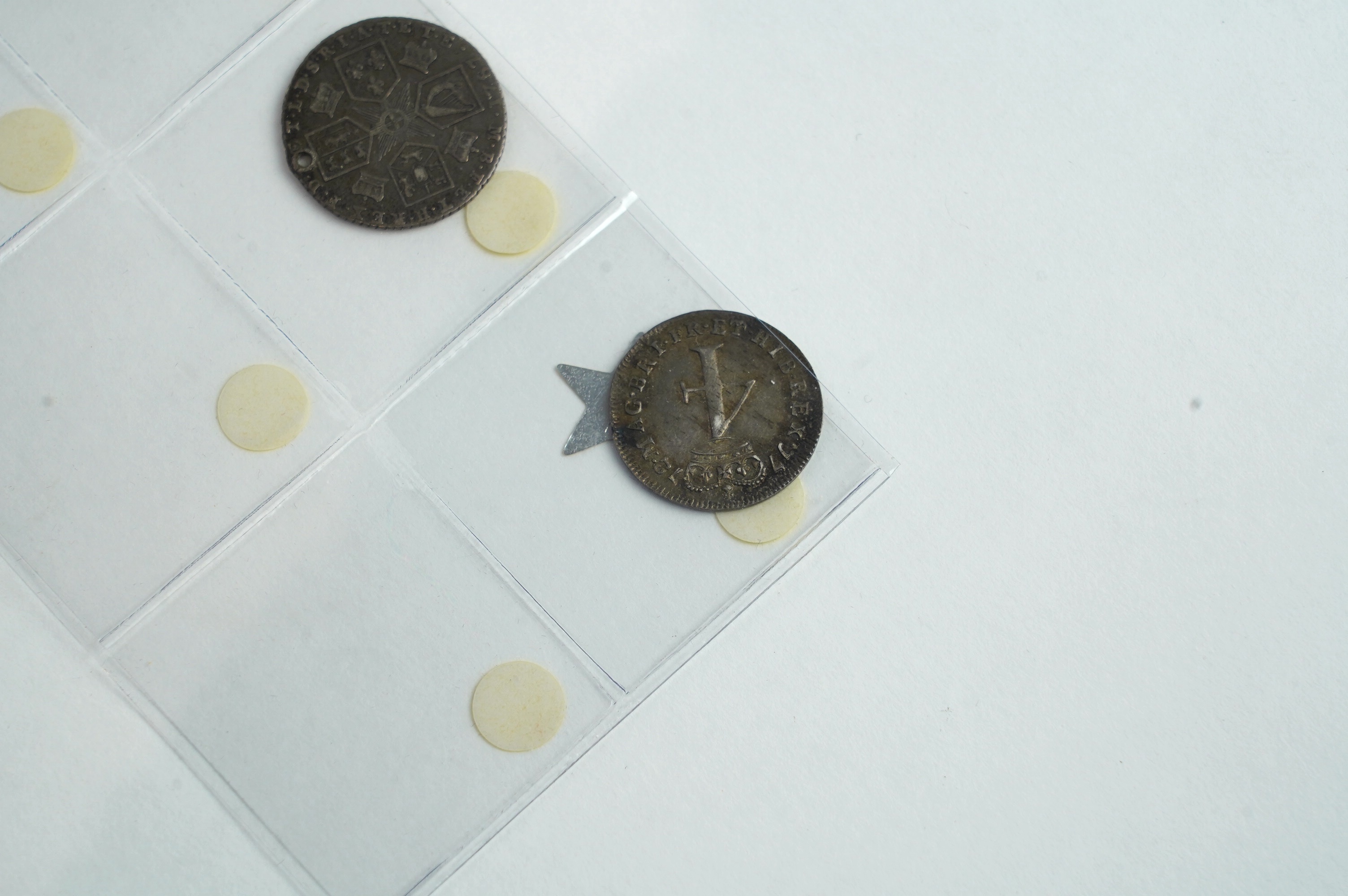 British silver coins, George III, three shilling coins, 1816, 1817, 1819, VG to VF, four 1787 sixpence coins, holed to UNC, 1818 threepence, VG and 1772 fourpence, good VF